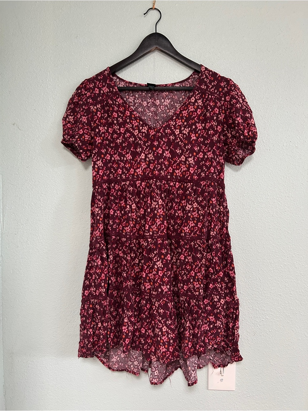 wild fable Burgundy Floral Scoop Neck Dress with Pink Blossoms